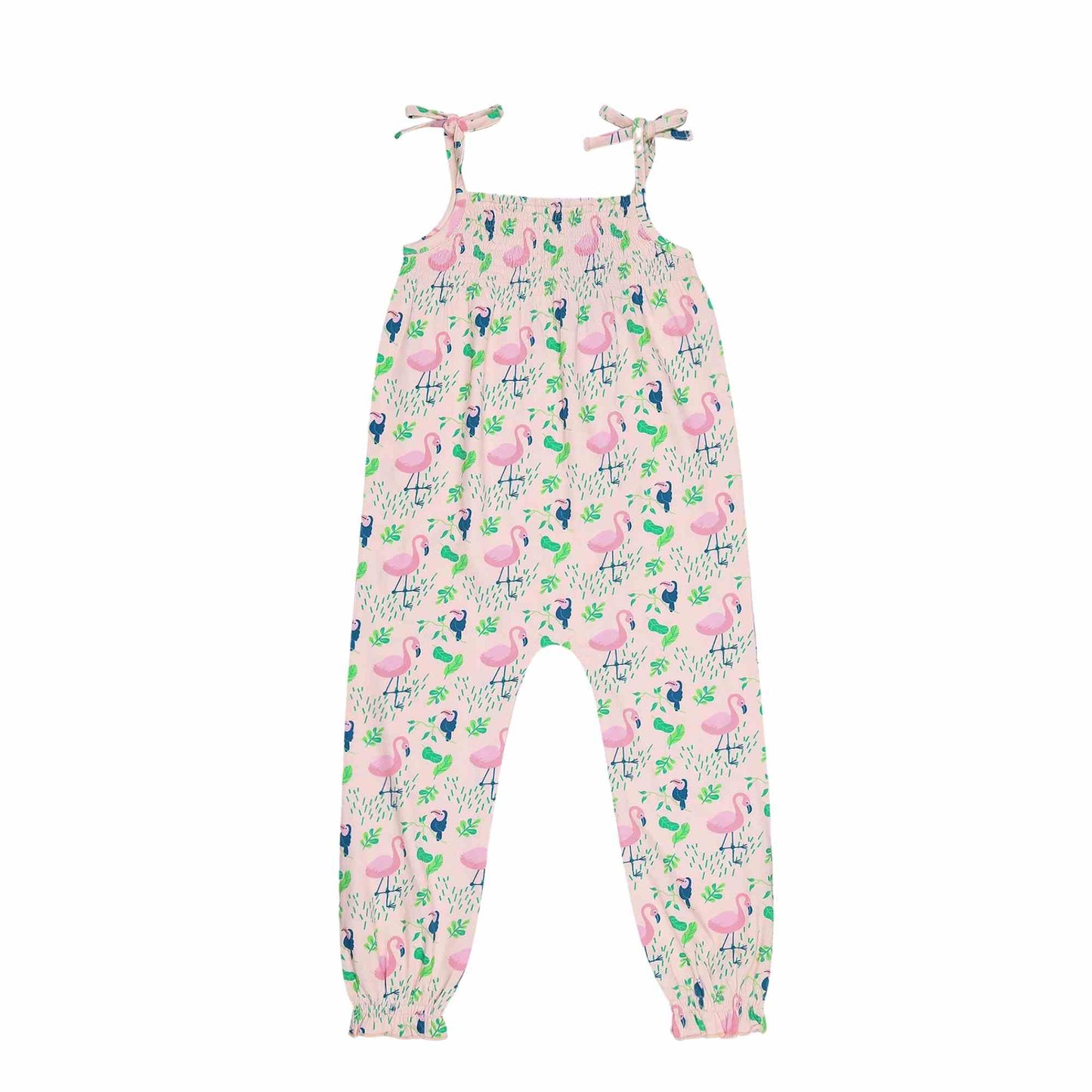 Smocked Jumpsuit - Flamingo Forest